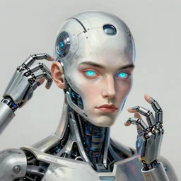 a man turning into an Android portrait wearing a part cybernetic body, surrealism , scifi, intricate, elegant, sharp eyebrows, highly detailed cybernetic body, neon glowing eyes, digital painting, artstation, concept art, smooth, sharp focus, illustration, art by Artgerm and moebius and Peter Mohrbacher