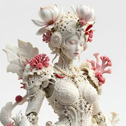 intricate hyper detailed ultra sharp focus 3 d render of a beautiful porcelain ivory fair seductive woman medium shot portrait, close - up, bright 3 point light, alexandre ferra georg loschner white dieselpunk mecha, cyberpunk mechanical haute couture huge fractal mycelum and fungi filigree lace, rasberry chili red sponge corals, huge magnolia goliath head ornaments, big embroidered leaves sinuous roots, octane render, pearls, volumetric cinematic lighting, 8 k, vray tracing, no dof, no blur