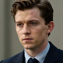 close - up of tom holland as a detective in a movie directed by christopher nolan, movie still frame, promotional image, imax 7 0 mm footage