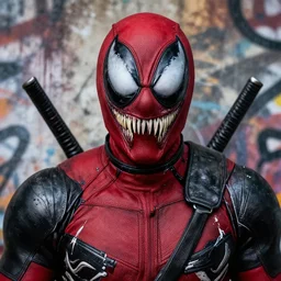 highly detailed closeup portrait of a mutated venom symbiote in deadpool suit with carnages face, wearing black hoodie by atey ghailan, by greg rutkowski, by greg tocchini, by james gilleard, by joe fenton, by kaethe butcher, red, black, crimson and white color scheme, grunge!! graffiti tag wall