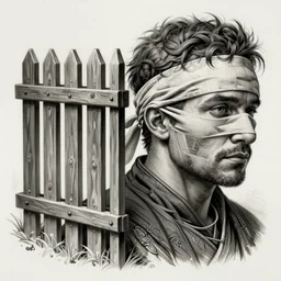 stakes palisade and a man with his head bandaged intricate, elegant, highly detailed, digital painting, artstation, concept art, sharp focus, illustration, by justin gerard and artgerm, 8 k