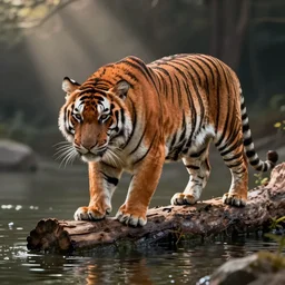 a mighty Chinese tiger standing on a log ready to hunt prey in the water