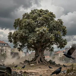 tilt shift, 1 9 1 2 wwi, huge tree in a city, crows, dirt and dust, mold, cumulonimbus behind, smoke, film still 3 5 mm, 3 2 k, colorized photo, dystopian environment, intricate, highly detailed, painting, artstation, concept, smooth, sharp focus, illustration, artgerm, by zdzisław beksin