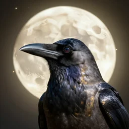 close up portrait of one crow in front of the full big moon, fantasy digital art, high definition, 8k, high details, high quality, golden and silver colors, glowing lights in the background
