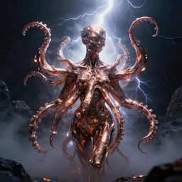 An amorphic being with tentacles of liquid reflective copper and chrome emerges from the dark surreal ether, mist amidst lightning, high contrast lighting, backlit by Michael Whelan, hyper realistic