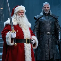 santa claus with a bastard sword vs the night king, cinematic still, hbo, 4 k, fantasy concept art, kieran belshaw