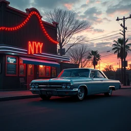 a chevrolet opala parked near a classic ny bar at sunrise, concept art, hyperrealistic, octane render, unreal engine 5, path traced, highly detailed, high quality, 8 k, dramatic lighting, cinematic, high coherence, symmetrical, high contrast, lens flare, godrays