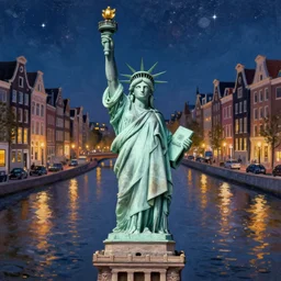 a very realistic painting of the statue of liberty being stoned and lost in the amsterdam canals surrounded by amsterdam houses at night with romantic city light ambiance and a starry sky painting in the style of james jean, 8 k ultra realistic no noise but joy