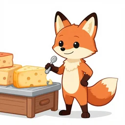 cartoon fox animal stood next to a buffet of cheese