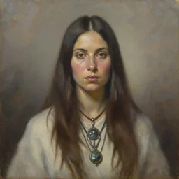 portrait a female shaman wizard chief, oil on canvas, by jeffrey catherine jones