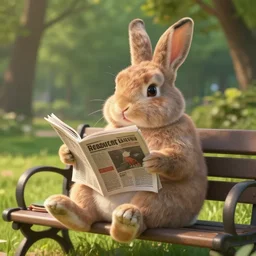 a big rabbit sitting in the park, reading the newspaper on a bench. artstation, 4 k, high quality, cinematic lighting, beautiful unreal engine 5