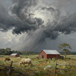 Painting of a farm with a hurricane in the background, realistic, digital art, trending on artstation