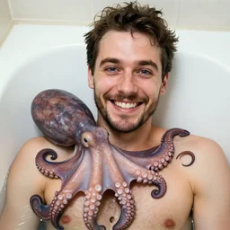 photo of a smiling man in the bath looking at the viewer embarrassed because he was caught, there's a real octopus hugging his chest, highly detailed, facial accuracy, 4 k