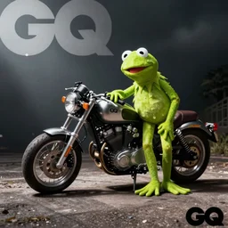 slimy kermit the frog leaning against a motorcycle. gq magazine wide angle photograph.