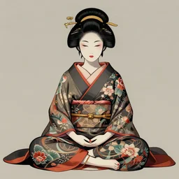 an android geisha in a lotus position wearing a flowing kimono and tattoos, artwork by ilya kuvshinov