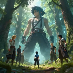 A small character standing before a giant in a beautiful forest by Greg Rutkowski, Sung Choi, Mitchell Mohrhauser, Maciej Kuciara, Johnson Ting, Maxim Verehin, Peter Konig, final fantasy , 8k photorealistic, cinematic lighting, HD, high details, atmospheric,