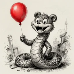 surrealism grunge cartoon sketch of a snake bear with a wide smile holding a red balloon by - michael karcz, loony toons style, horror theme, detailed, elegant, intricate