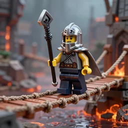 a knight lego minifig crossing a rope bridge over lava, fantasy, highly detailed, digital art, sharp focus