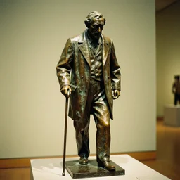 patina bronze sculpture, old man with cane, in museum, soft light, kodak gold 2 0 0,