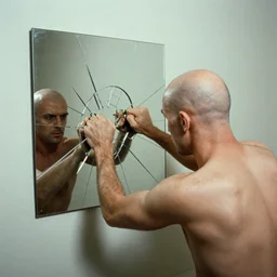 a strong bald man punching a wall mirror and breaking its glass, grainy 7 0 s photograph, medium - shot, first - person point of view, 3 5 mm film
