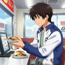 ryosuke takahashi getting food at a drive - through, initial d anime screenshot, initial d anime 1 0 8 0 p, initial d stage 3
