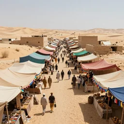 The concept art design depicts a tent market street in a Middle Eastern desert region at midday. The crowded road is flanked by tent stores constructed of colorful canvas. The tents are interspersed with colorful streamers. by greg rutkowski and Greg Hildebrandt .4k high detail. artstation