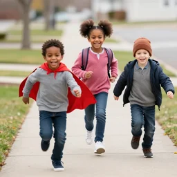 A photo of three preschool aged kids happily running down the sidewalk, one is a black boy with a red cape, the other is a black girl with her hair up in afro puffs, the other is a white boy in a beanie with a jacket