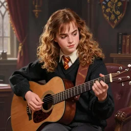 Hermione Granger/Emma Watson wearing a black sweater, playing a guitar, in the Gryffindor common room, sci-fi digital painting by Simon Stålenhag
