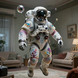 a cybernetic symbiosis of a single engineer astronaut mech-organic eva suit made of pearlescent wearing knitted shiny ceramic multi colored yarn thread infected with diamond 3d fractal lace iridescent bubble 3d skin dotted covered with orb stalks of insectoid compound eye camera lenses floats through the living room, film still from the movie directed by Denis Villeneuve with art direction by Salvador Dalí, wide lens,kevlar,carbon fiber,ceramics,gaseous materials,