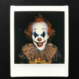 A highly detailed head and shoulders masterpiece eerie polaroid of a clown in eraserhead smiling, horror, scary, terrifying, horrific, nighttime, dimly lit, creepy hd 4k