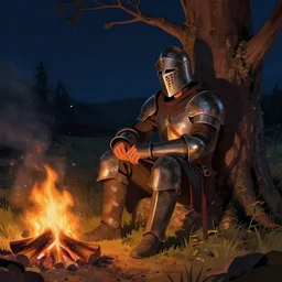 knight wearing sallet helmet sitting against tree by a campfire at night, digital art, by Fernanda Suarez and and Edgar Maxence and greg rutkowski