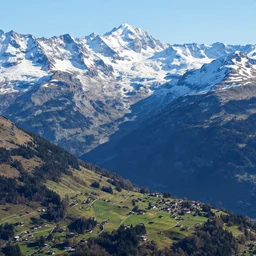 matte painting of beautiful mountain landscape in northern switzerland, by albert whitlock, amazing details, beautiful composition, vibrant colors, bird eye view, cold hue's