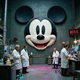 hyperrealistic photo of evil scientists in military laboratory, single giant destroyed mickey mouse face, netflix logo, military base, colored gels, studio photography, 3 5 mm film look by denis villeneuve