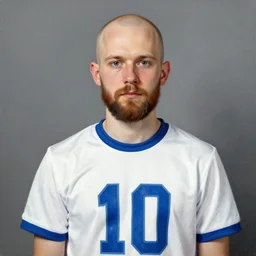 teemu pukki. 3 0 year old bald with beard. white and blue shirt. number 1 0. painted by akseli gallen - kallela