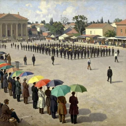dahomey officials with flat colorful umbrellas watching a parade in ahomey's huge main square, from above, 1905, highly detailed, oil on canvas, by ilya repin