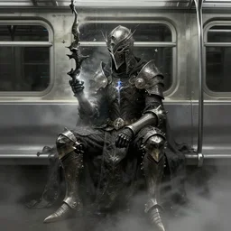 dark souls sitting on the new york metro concept art artwork by masanori warugai, glitch art, medieval, magic, intricate detailed 4 k, soft light, volumetric fog, soft glow, eerie, dark