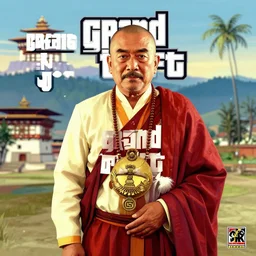 jigme khesar namgyel wangchuck, king of bhutan in Grand Theft Auto 5 cover art, epic, 4k resolution, extremely detailed, very sharp, artstation, digital art, vibrant,