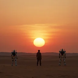 Double Sunset over a desert, large  twin sunset, cinematic, rendered by simon stålenhag, rendered by Beeple, Makoto Shinkai, syd meade, inspired by Gundam, environment concept, digital art, unreal engine, 3 point perspective, WLOP, trending on artstation, low level, 4K UHD image, octane render,