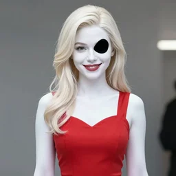 in the style of Rafael Albuquerque:: very Pale white skin, Domino marvel comics:: no black on right eye, asymmetrical black spot over left eye:: wearing a red dress, smile