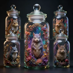 collection of cute animals in glass jars, dark fantasy, moody :: studio ghibli, beeple and James Gilleard and Justin Gerard :: ornate, dynamic, particulate, rich colors, intricate, elegant, highly detailed, centered, artstation, smooth, sharp focus, octane render, 3d