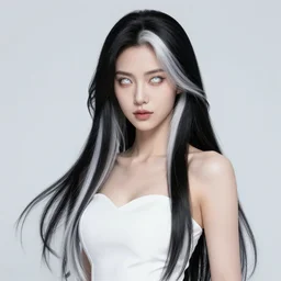 a lost female mage, sci - fi fantasy dress, white eyes, long black and white split hair, detailed perfect face, psychic magic, mid view, design on a white background, by studio muti, greg rutkowski makoto shinkai takashi takeuchi artgerm, realistic 3 d render, high ocane render, dramatic light