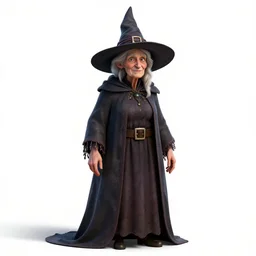 elderly witch with pointed hat, detailed 3d character render, full body, standing, isolated on a pure white background, centered, whole figure in frame, sharp focus, studio lighting