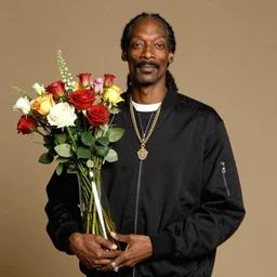 Snoop Dogg holding a Vase of flowers for a 1990s sitcom tv show, epic lighting, Studio Photograph, portrait, C 12.0