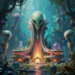 Alien technology colossal modern mansion on the middle of the mystic forest, landscape background, oddities, aliens, very coherent symmetrical artwork, cinematic, hyper realism, high detail, octane render, unreal engine, 8k, Vibrant colors, Smooth gradients, High contrast, trending on artstation