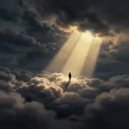 editorial illustration by karolis strautniekas and mads berg, liquid clouds, dancing lights, lost soul, fine texture, detailed, muted colors, film noir, dramatic lighting, dynamic composition, vivid, matte print, wide angle, ( ( sunbeams ) ), moody, extreme perspective
