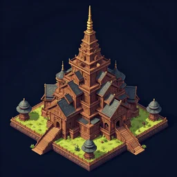 cyberpunk wooden monastery, isometric sprite