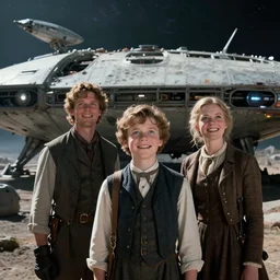 extremely sharply detailed, from blockbuster sci fi 9 6 k color movie freeze frame, set 1 8 6 0, family standing in front of crashed spaceship, on alien planet, looking happy, wearing 1 8 5 0 s era clothes, atmospheric lighting, in focus, reflective eyes, - 1 7 5 mm macro lens, live action, nice composition, good photography, clear facial details