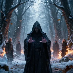 cinematic shot, dark hooded mage ( spectre ) in the foreground using his magic ultimate, dead forest with leaves falling in the background, winter, ice and fire, symmetrical, 8 k, atmospheric, realistic, made by ivan aivazovsky, peter mohrbacher, greg rutkowski, volumetric light, broad light, fantasy art, sci - fi art, details visible, unreal engine, octane render