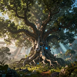 cybertronic roots of an enormous mechanical oak tree, dystopian forest scape by jordan grimmer and rebecca guay, crepuscular rays, vibrant, wide angle, epic, vast, trending on artstation, cgsociety, intricate, atmospheric lighting, unreal engine, 8 k resolution, ultrafine detail, octane render
