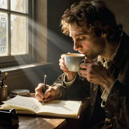 it's morning. sunlight is pouring through the window bathing the face of a man enjoying a hot cup of coffee. man is writing in his manuscript. the letters g and m can be seen repeatedly on the page. a new day has dawned bringing with it new hopes and aspirations. painting by titian, 1 5 6 6